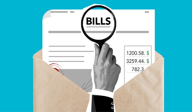 graphic Illustration of person looking at bills with magnifying glass